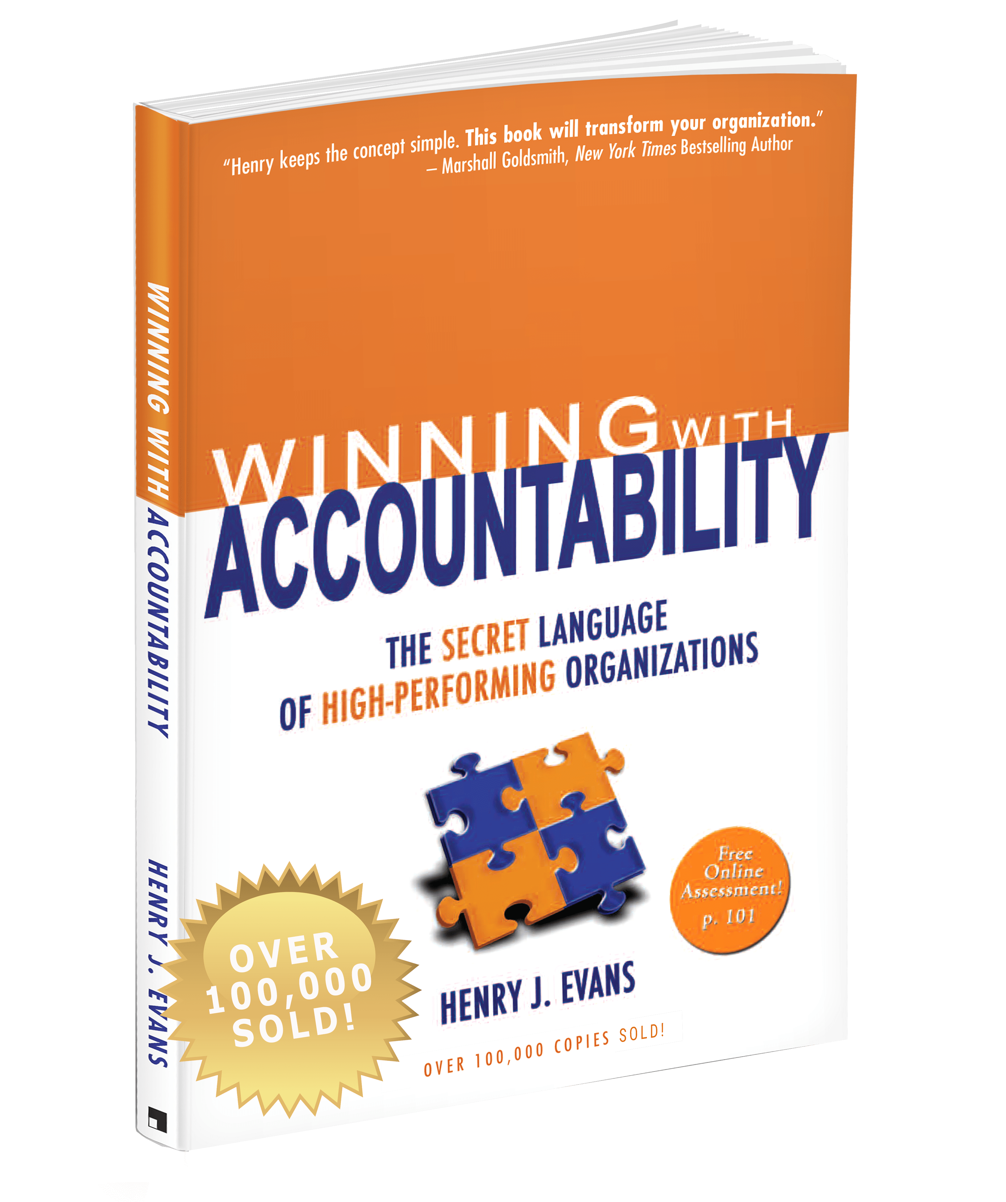 Cover of the best-selling book, Winning With Accountability™, alongside a brief summary highlighting its focus on teaching the language of accountability, making commitments, and enhancing performance and relationships for a competitive edge, with a note on its success of over 100,000 copies sold.